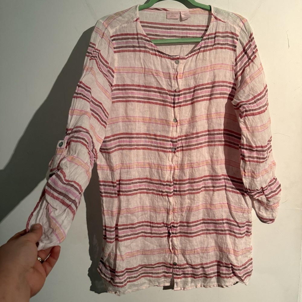 St Tropez West‎ Large Linen Button Down Striped Boho Lagenlook Coastal Resort